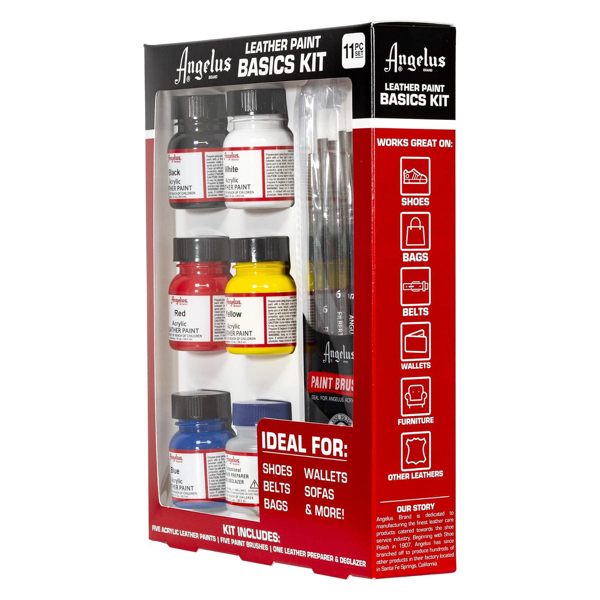 Angelus Leather Paint Basics Kit, Contains 1 Ounce Bottles of Black, White, Red, Blue, Yellow and Preparer, Plus a 5-Piece Angelus Brush Set (799-01-KIT)