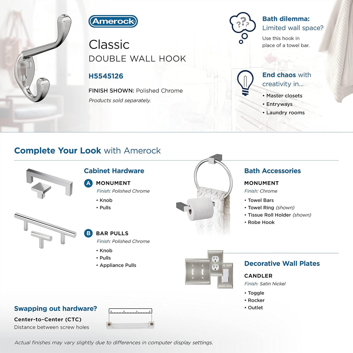 Amerock H5545126 - Gancho decorativo de pared de doble punta, gancho chapado en cromo pulido para abrigos, sombreros, mochilas, bolsas, ganchos para baño, recámara, clóset, entrada, lavadero, oficina