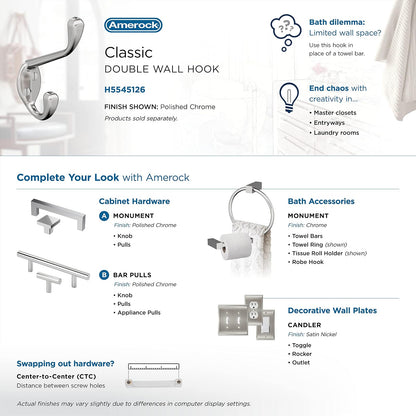 Amerock H5545126 - Gancho decorativo de pared de doble punta, gancho chapado en cromo pulido para abrigos, sombreros, mochilas, bolsas, ganchos para baño, recámara, clóset, entrada, lavadero, oficina