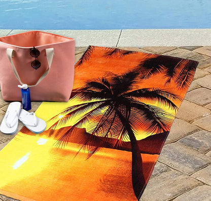 DII Toalla de Playa de algodón Rizado, Colorida, Suave, Absorbente y de Secado rápido, 30 x 60 Pulgadas, Palmeras de Puesta de Sol