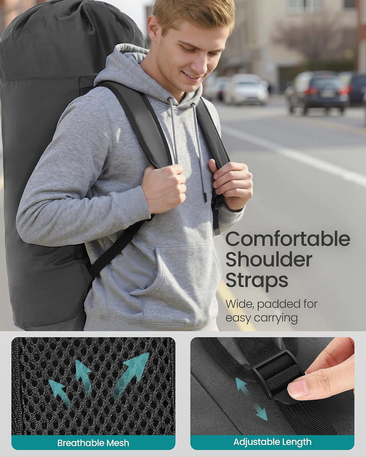 SONGMICS - Bolsa de lavandería, mochila de lavandería de 31.7 galones (120 l), resistente, grande con parte superior extensible, tela Oxford, correas anchas para los hombros y bolsillo con solapa