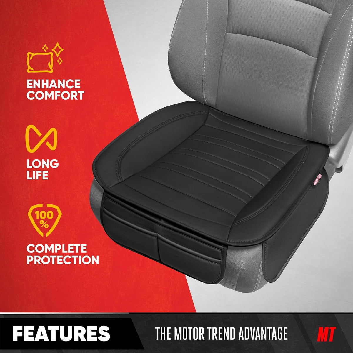 Motor Trend, Fundas de asiento para automóviles, camiones, SUV, piel sintética, paquete de 2, acolchadas en color negro con bolsillos de almacenamiento