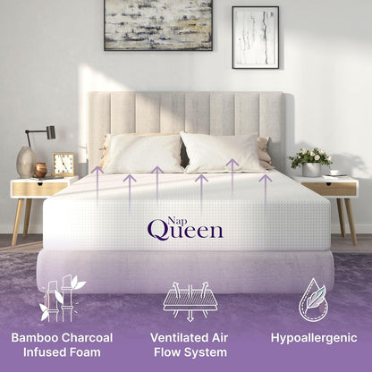 NapQueen Colchón de 8 Pulgadas, tamaño matrimonial, colchón de Espuma viscoelástica de carbón de bambú, Cama en una Caja
