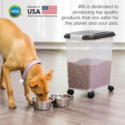 IRIS USA Contenedor Hermético WeatherPro, hasta 13.6 Kg, con ruedas, Ideal para perros, gatos y aves, Mantiene la frescura, translúcido y libre de BPA, Negro