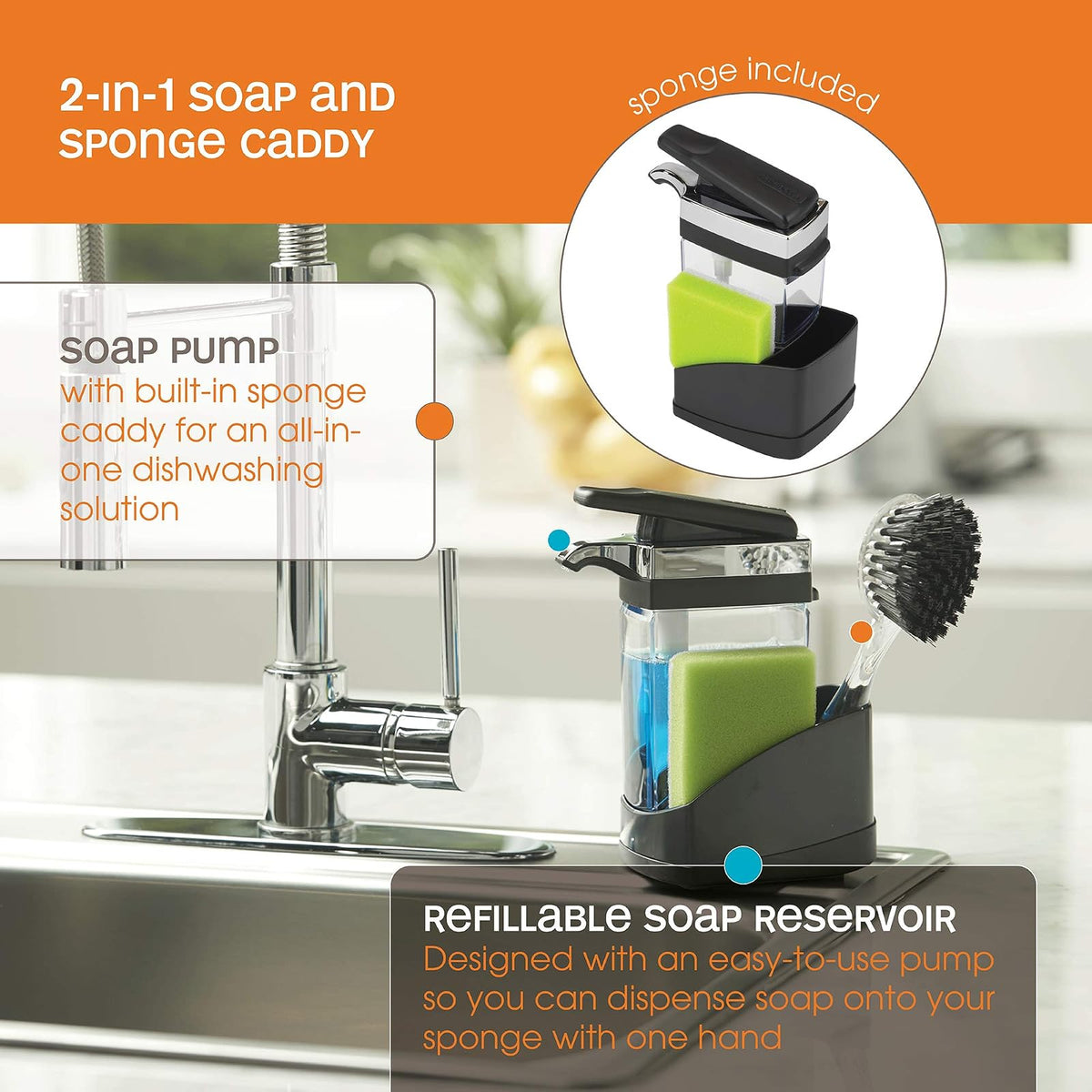 Casabella Sink Sider Jabonera con Esponja para Fregadero, Negro, 1, 1 + Madesmart 29606 Bandeja para Cubiertos de 6 Compartimentos, Granite, Grande 16" x 12.9" x 1.88" (40.64 x 32.77 x 4.76 cm)