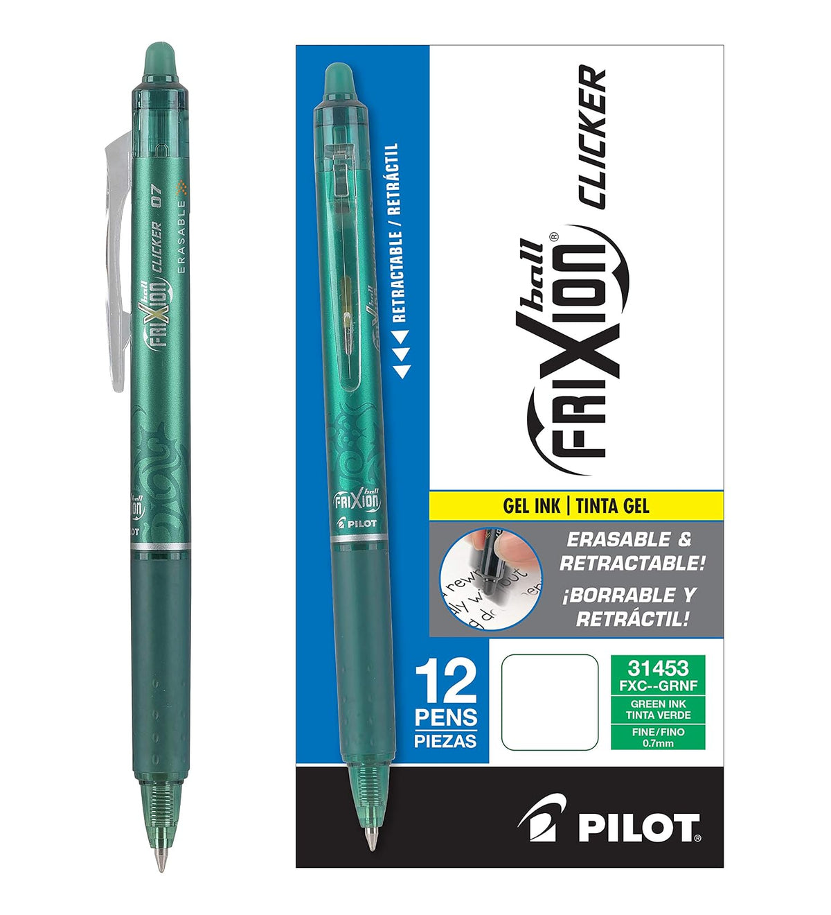 Pilot FriXion Clicker Bolígrafo Retráctil de Tinta Borrable - Caja con docena - Verde