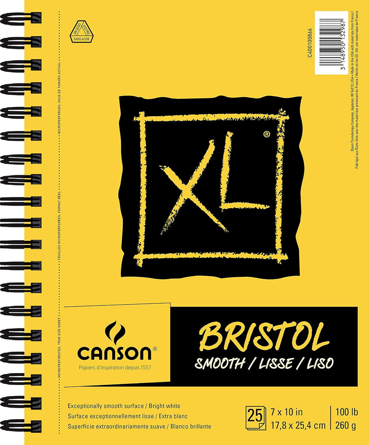 Canson - Papel Bristol serie XL, suave, almohadilla de alambre, 7 x 10 pulgadas, 25 hojas (260 g) - Papel de artista para adultos y estudiantes - Marcadores, bolígrafo y tinta