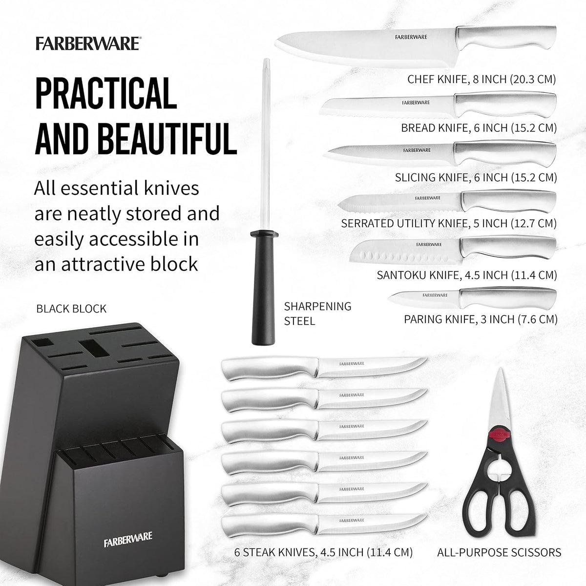 Farberware Juego de cuchillos de acero inoxidable con bloque para almacenamiento, 15 piezas