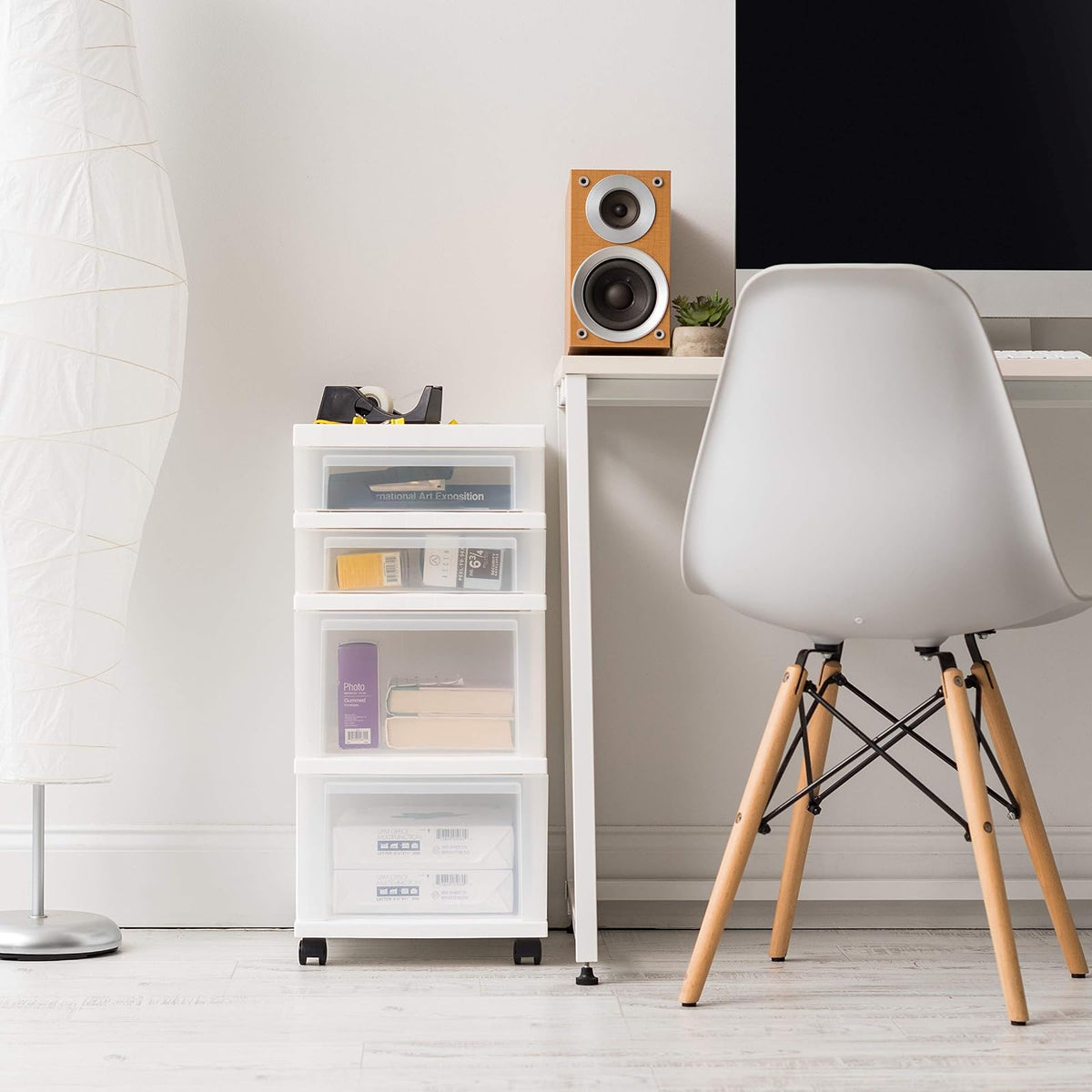IRIS USA Carrito Organizador con Ruedas de 4 Cajones, Blanco/Transparente | Organiza manualidades, artículos de oficina, salón y accesorios con cajones de fácil acceso para uso diario