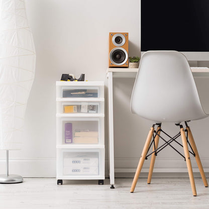 IRIS USA Carrito Organizador con Ruedas de 4 Cajones, Blanco/Transparente | Organiza manualidades, artículos de oficina, salón y accesorios con cajones de fácil acceso para uso diario