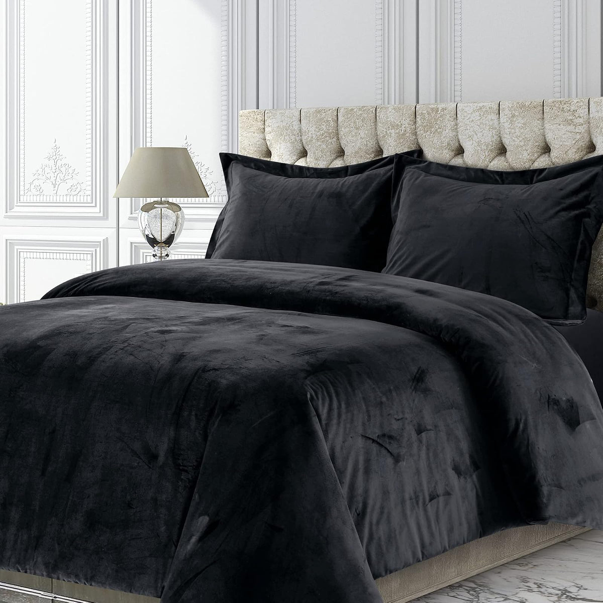 Tribeca Living Venice Juego de Edredón de Terciopelo, 3 Piezas - Negro - Queen
