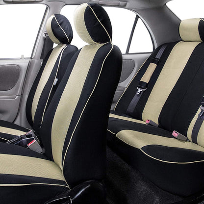 FH GROUP FH-FB063128 Three Row Cloth Car Seat Covers with Piping Airbag & Split Ready Beige/Black- Fit Most Car, Truck, SUV, or Van