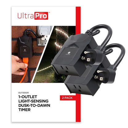UltraPro Temporizador de luz para exteriores, del anochecer al amanecer, 1 toma de tierra, juego simple, decoración de temporada, iluminación exterior, resistente a la intemperie, funciona con bombillas LED, CFL, incandescentes y halógenas, paquete de 2, 