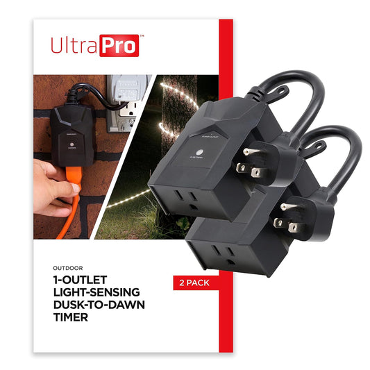 UltraPro Temporizador de luz para exteriores, del anochecer al amanecer, 1 toma de tierra, juego simple, decoración de temporada, iluminación exterior, resistente a la intemperie, funciona con bombillas LED, CFL, incandescentes y halógenas, paquete de 2, 