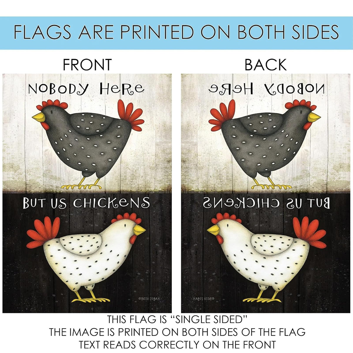 Toland Home Garden Nobody Here But Us Chickens 12.5 x 18 Inch Decorative Funny Farm Barnyard Animal Garden Flag