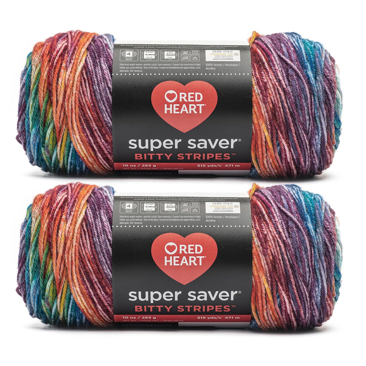 Red Heart Super Saver Bitty Stripe - 2 paquetes de 10 oz/283 g - 100% acrílico - #4 Worsted (mediano) - 515 yardas - Tejer/ganchillo
