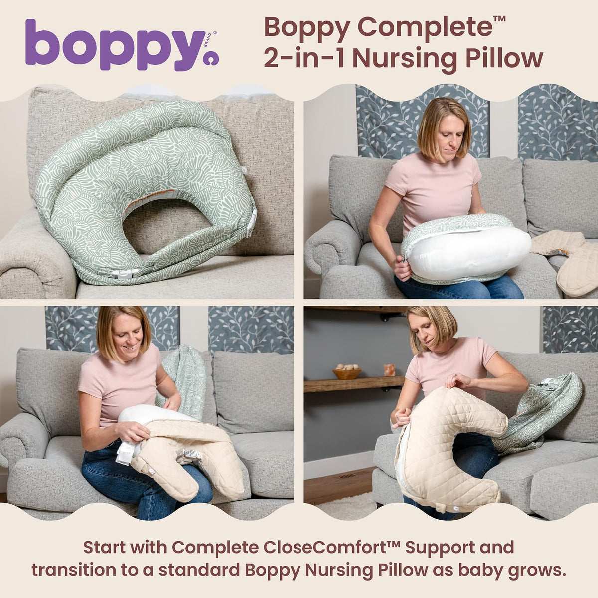 Boppy - Almohada de Lactancia Completa, Almohada ergonómica para Lactancia Materna y biberón, con cinturón extraíble, diseño sin Huecos, diseño CloseComfort, Soporte de posicionamiento de Longitud