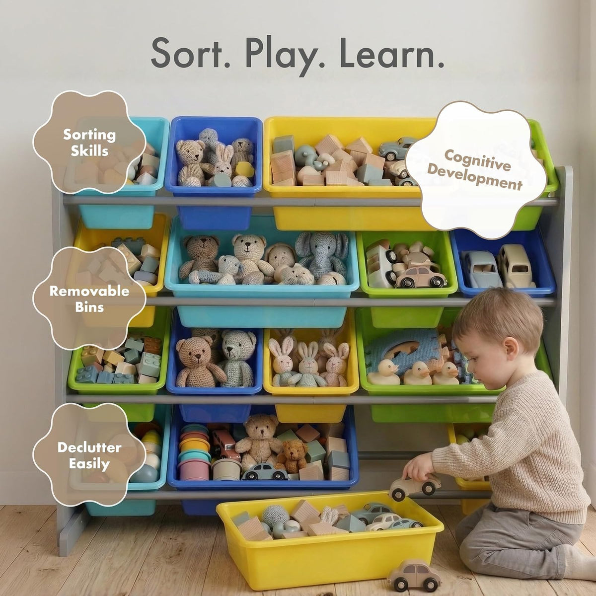 Tot Tutors WO498 Elements Collection Wood Toy Storage Organizer, X-Large, Grey/Blues