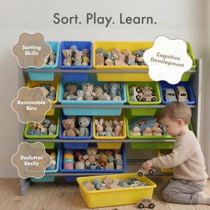 Tot Tutors WO498 Elements Collection Wood Toy Storage Organizer, X-Large, Grey/Blues