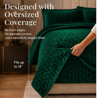 Tribeca Living - Juego de edredón de Terciopelo para Cama de 3 Piezas Lugano con Punto de Panal, Terciopelo súper Suave de 260 g/m², edredón de Gran tamaño y Dos Fundas de Almohada, Color Verde