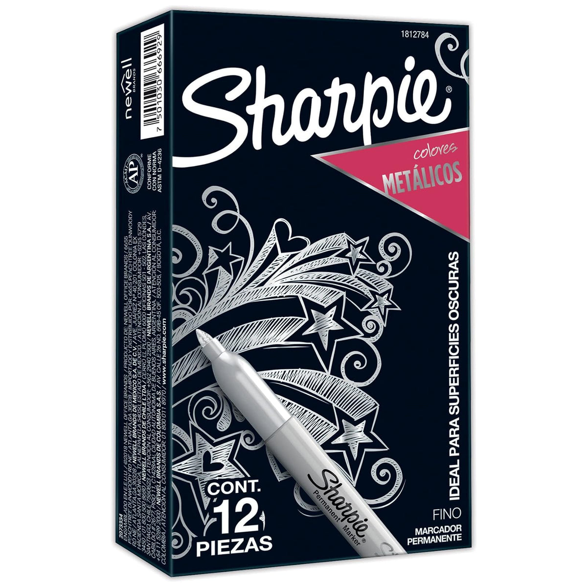 Sharpie Marcadores Permanentes Metálicos, Punta Fina, Plateado, 12 Piezas, 1812784