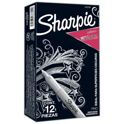 Sharpie Marcadores Permanentes Metálicos, Punta Fina, Plateado, 12 Piezas, 1812784