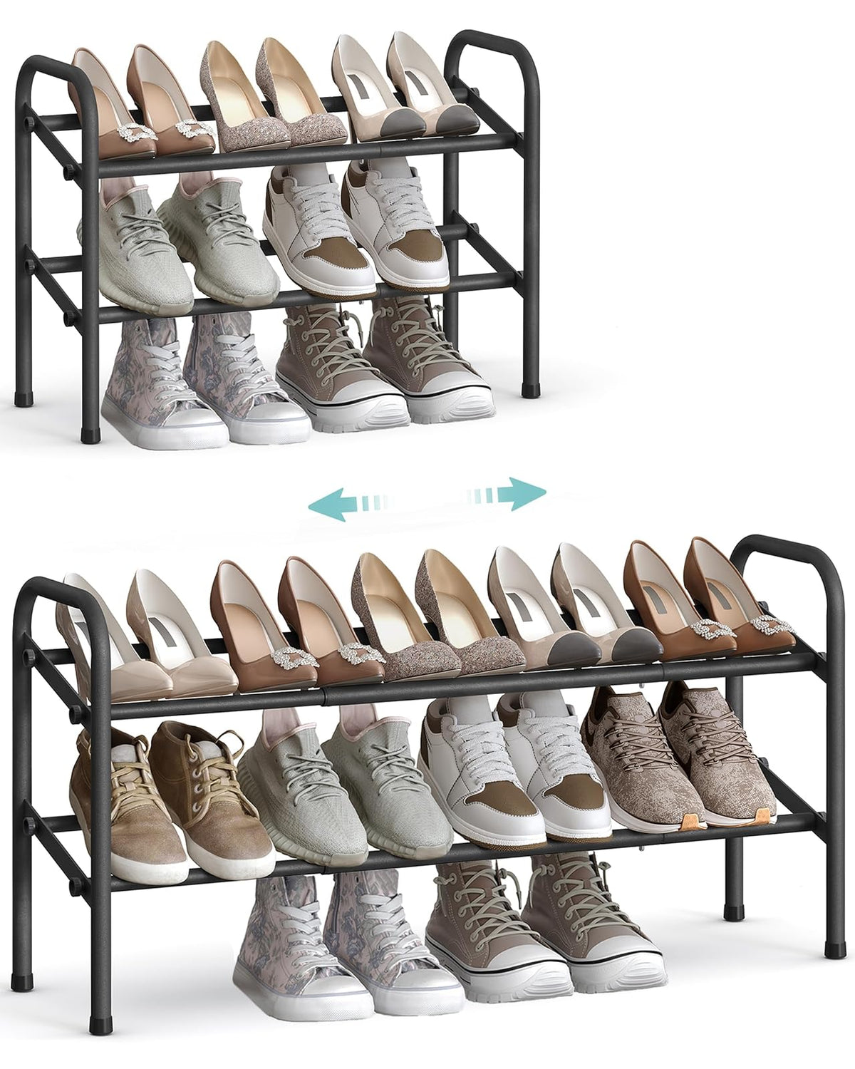 SONGMICS Zapatero Extensible, Zapatero de Metal de 2 Niveles, Organizador de Zapatos Ajustable, Estante Zapatos para Pasillo, Negro Tinta MLMR029B01