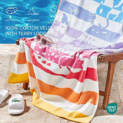 Lacoste Toalla de Playa Grande 100% algodón, Ultra Absorbente y de Secado rápido, Lavable a máquina, cocodrilo a Rayas, 36 Pulgadas de Ancho x 72 Pulgadas de Largo
