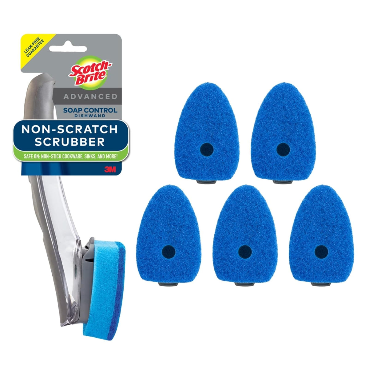 Scotch-Brite Kit avanzado de control de jabón antiarañazos, 1 varita de plato y 5 recambios de esponja, evita que el jabón se filtre, garantía sin fugas, lo mejor para ollas y sartenes antiadherentes,