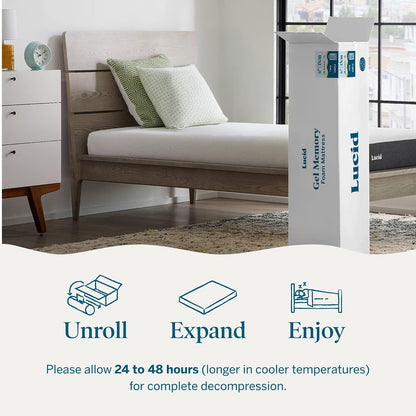 LUCID Colchón de Espuma viscoelástica de 6 Pulgadas, sensación Firme, infusión de Gel, Espuma viscoelástica con infusión de carbón de bambú, Transpirable, Certificado CertiPur - Individual
