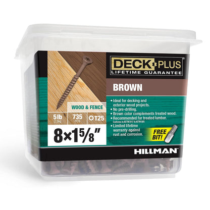 Deck Plus Tornillos para Madera Exterior Cabeza Plana Marrón - #8 x 1-5 - 8 pulgadas - 1-5 - 8" x #10