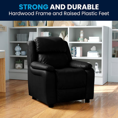 Flash Furniture - Sillón reclinable acolchado de lujo contemporáneo de cuero negro para niños con brazos de almacenamiento