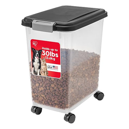 IRIS USA Contenedor Hermético WeatherPro, hasta 13.6 Kg, con ruedas, Ideal para perros, gatos y aves, Mantiene la frescura, translúcido y libre de BPA, Negro