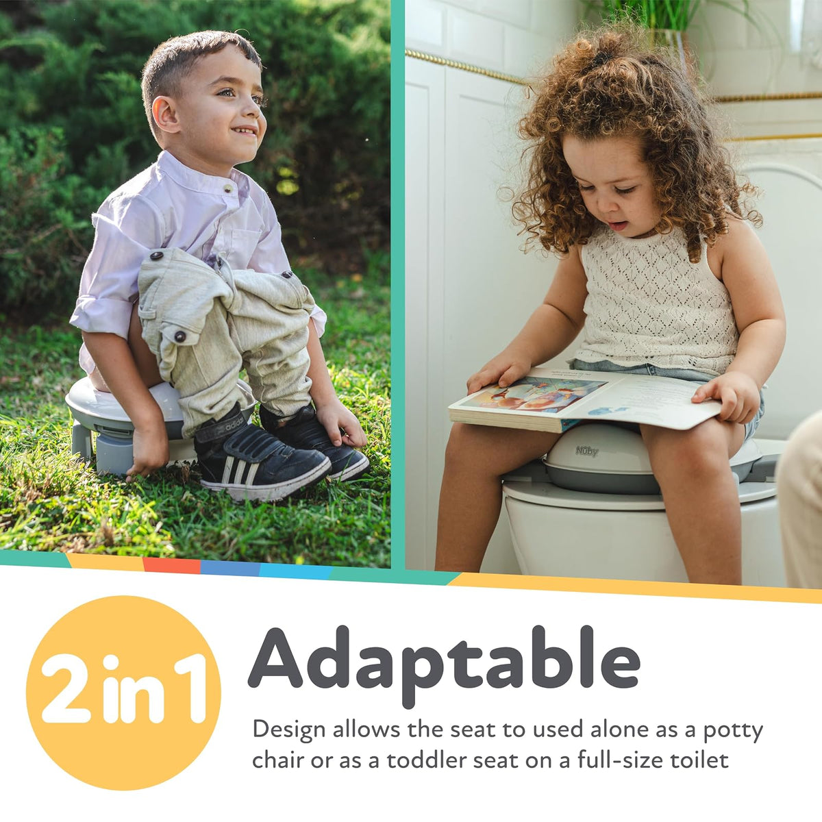Nuby On-The-Go Asiento Portátil para Orinal - Asiento de Inodoro de Viaje para Niños y Niñas de 18+ Meses - Incluye Bolsa de Almacenamiento y Forros Desechables para Orinal - Esenciales de Viaje para