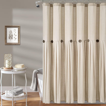 Lush Decor - Cortina de Ducha de Lino con Botones, 72 Pulgadas de Ancho x 72 Pulgadas de Largo, Lino Oscuro, Tela de Cortina de Ducha Color Beige, Cortina de baño rústica - Decoración de baño de