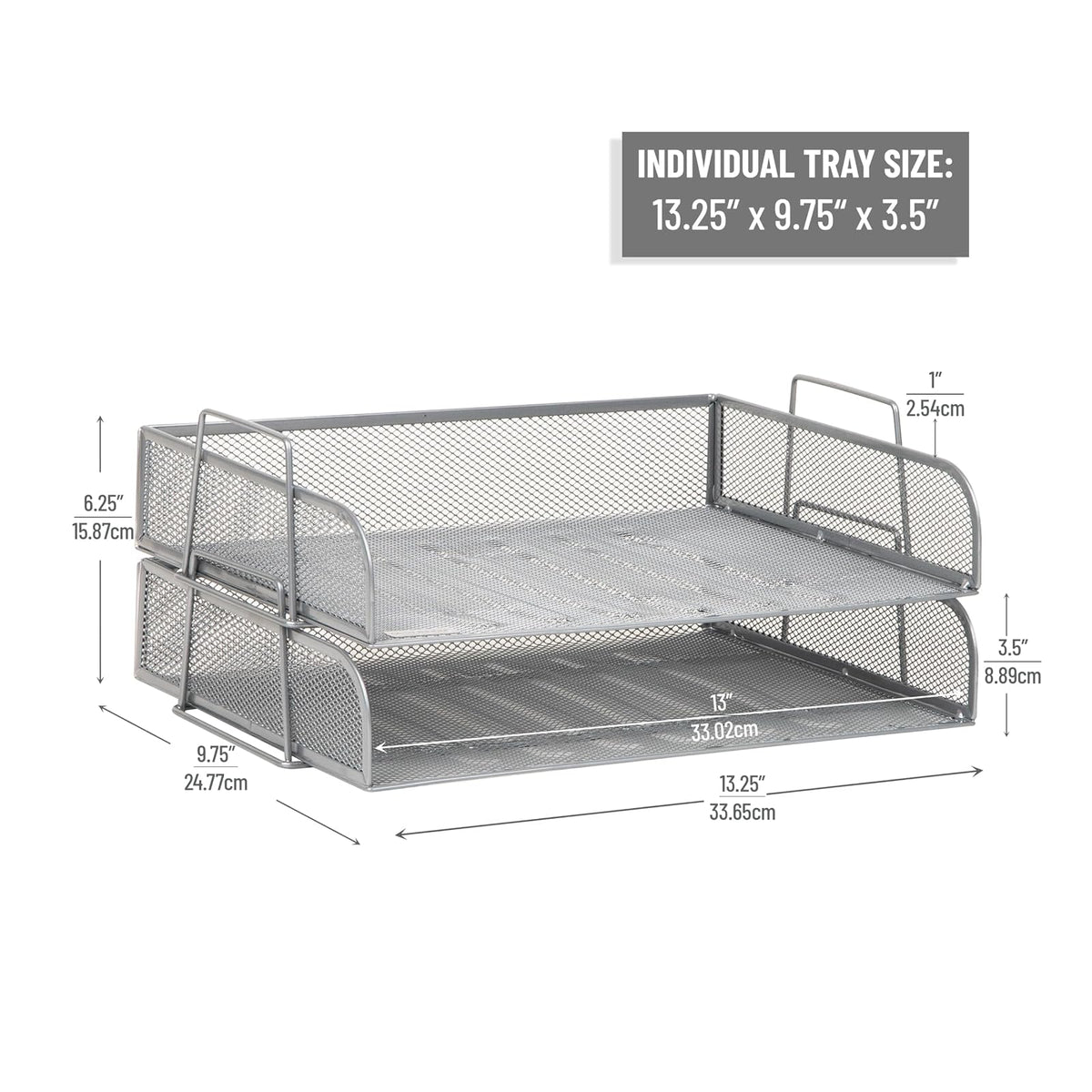 Betesh Mind Reader Stackable Paper Tray, Desktop Organizer, File Storage, Office, Metal Mesh, 14" L x 9.75" W x 6" H, 2 Pcs., Silver