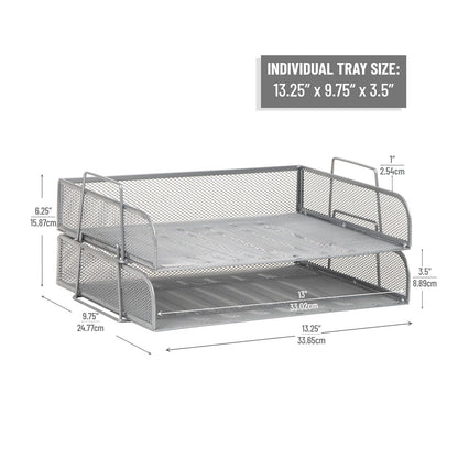 Betesh Mind Reader Stackable Paper Tray, Desktop Organizer, File Storage, Office, Metal Mesh, 14" L x 9.75" W x 6" H, 2 Pcs., Silver