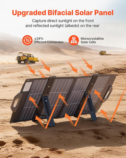 VEVOR Placa Solar Plegable 100W, Panel Solar Portátil con Célula Fotovoltaica Bifacial, Salidas de USB MC4 DC, IP65 Impermeable, Compatible con Estaciones de Energía Autocaravanas Acampada Viajes