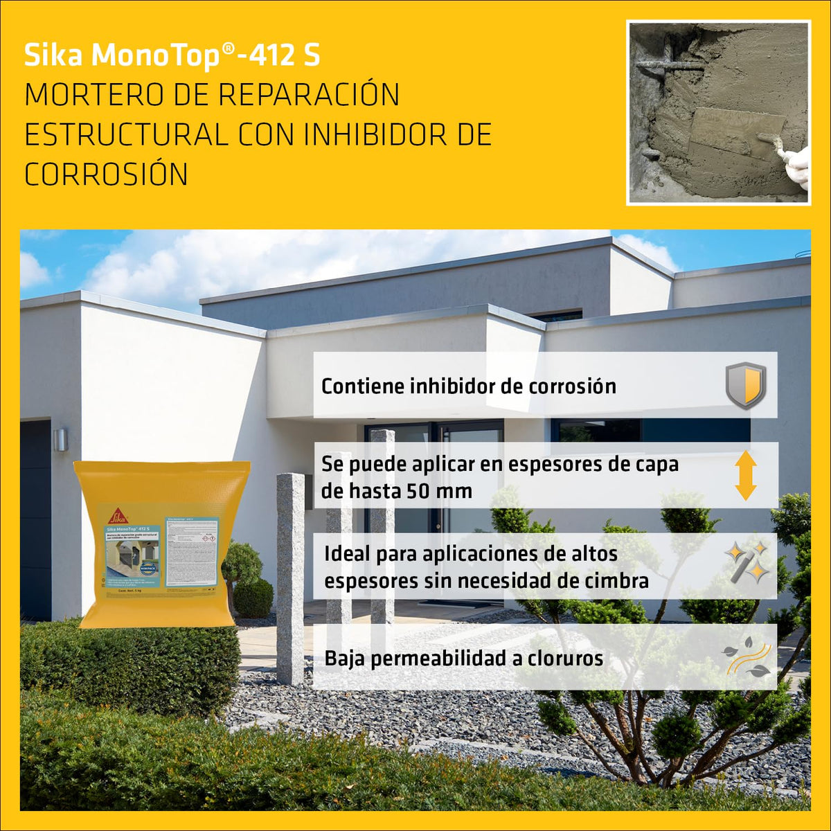 SIKA - Sika MonoTop-412 S - Mortero de Reparación Estructural - Con Inhibidor de Corrosión - Reforzado con Fibras - Listo para su uso en Aplicaciones de Altos - Saco de 5kg - Gris
