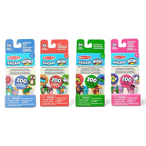 Melissa & Doug - Sticker Wow!™ Mini Cuaderno de Actividades y calcomanías de Recarga, Paquete de 4 (Dinosaurio, Mascotas, Cosas favoritas, 1 Paquete de Sorpresa) - 200 calcomanías Cada uno