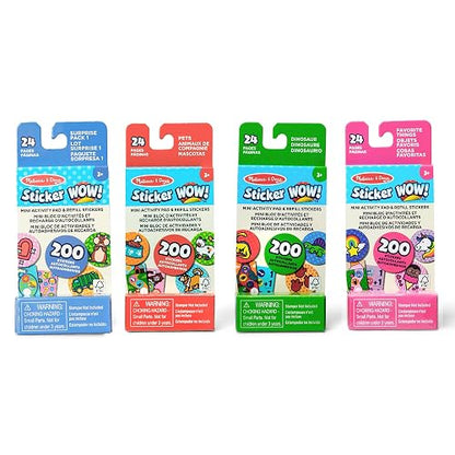 Melissa & Doug - Sticker Wow!™ Mini Cuaderno de Actividades y calcomanías de Recarga, Paquete de 4 (Dinosaurio, Mascotas, Cosas favoritas, 1 Paquete de Sorpresa) - 200 calcomanías Cada uno