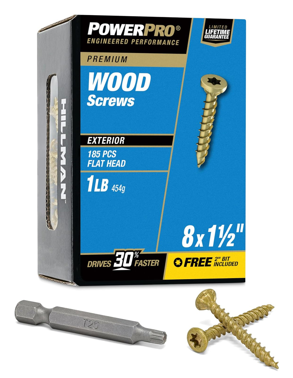 Power Pro 48595 Tornillos para madera, #8 x 1-1/2 pulgadas, tornillos para cubierta exterior premium, resistentes a la corrosión, bronce recubierto de epoxi, caja de 1 libra, 203 piezas