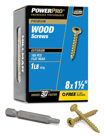 Power Pro 48595 Tornillos para madera, #8 x 1-1/2 pulgadas, tornillos para cubierta exterior premium, resistentes a la corrosión, bronce recubierto de epoxi, caja de 1 libra, 203 piezas
