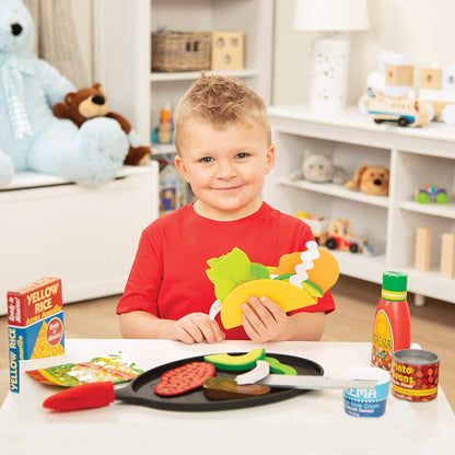 Melissa & Doug Juego de Tacos y Tortilla Para Rellenar y Doblar, Comida de Juguete, Comida Mexicana de Juguete que se Puede Cortar, Juguete de Madera, Sartén y Más (43 Piezas)