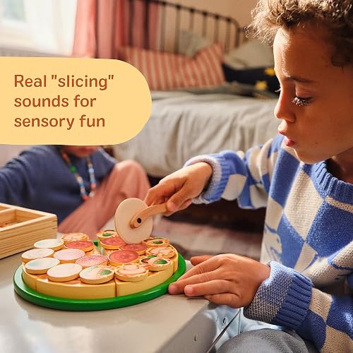 Melissa & Doug Alimentos de Juguete para Fiesta de Pizza, Juego de Imitación de Hacer Pizza, Juguete de Madera Pestañas Autoadhesivas, Más de 30 Piezas