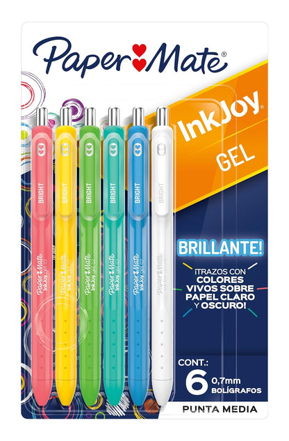Paper Mate Plumas de Gel InkJoy, Punto Medio 0.7MM, Retráctil, Variados Colores, 6 Piezas, 2198010