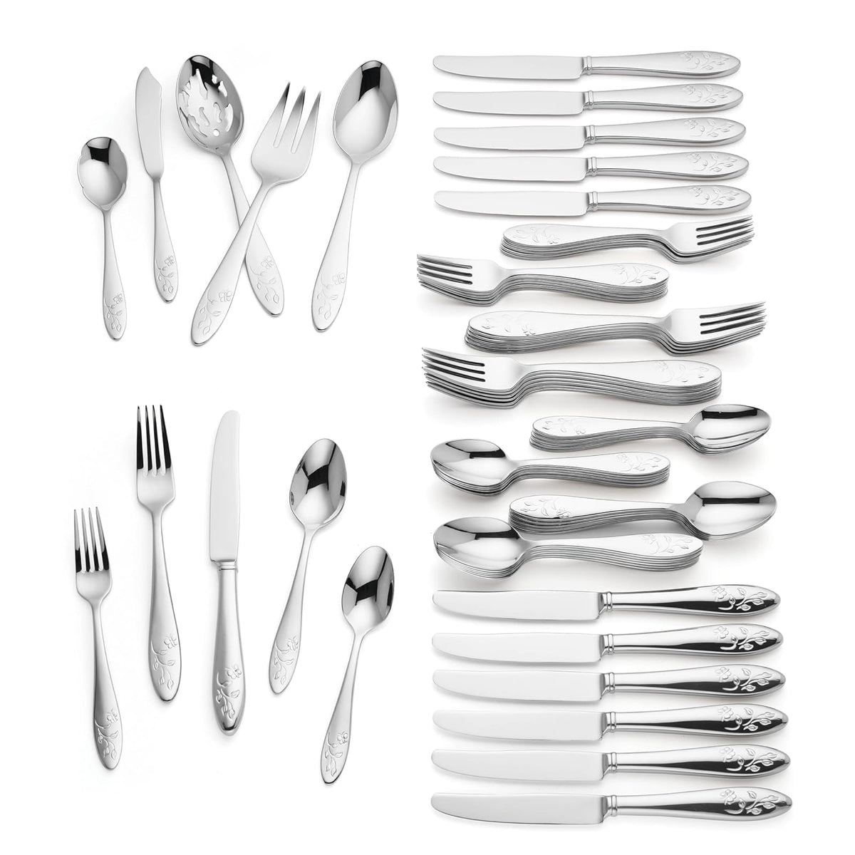 Lenox Cubiertos Butterfly Meadow 65 Piezas para 12 Comensales con Cubiertos para Servir, Acero Inoxidable 18/10