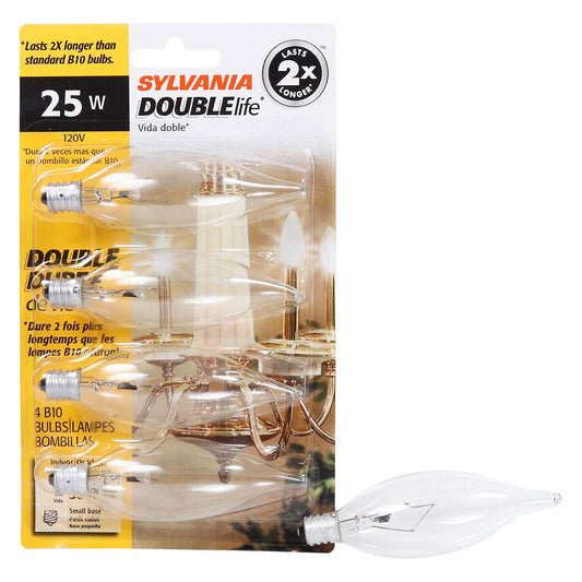 Sylvania iluminación del hogar 13306 foco incandescente B10 - 25 W-2850 K, doble vida, acabado transparente, base de candelabro, Paquete de 4