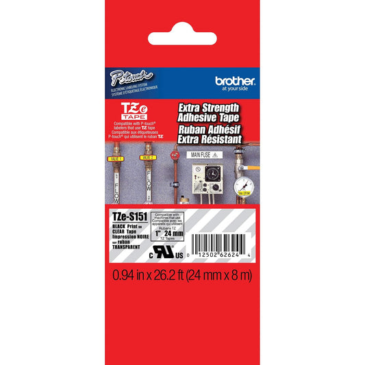 Brother Cinta Laminada Extra Adhesiva TZe-S151 para Etiquetas Duraderas | Texto Negro sobre Transparente, Alta Resistencia, Compatible con Rotuladoras P-Touch, 24 mm x 8 m, P-Touch