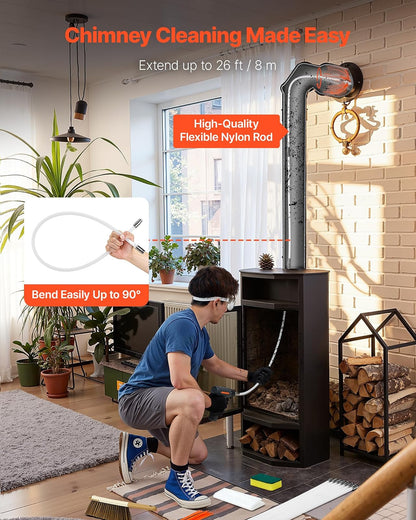 VEVOR Kit de Cepillo Limpieza de Chimenea, 8 m Varilla Flexible de Nylon, 3 Recambios de Cerdas, Guantes, Gafas, Bolsa, Deshollinador Flexible a 90° para Chimeneas Cuadradas, Rectangulares y Arqueadas